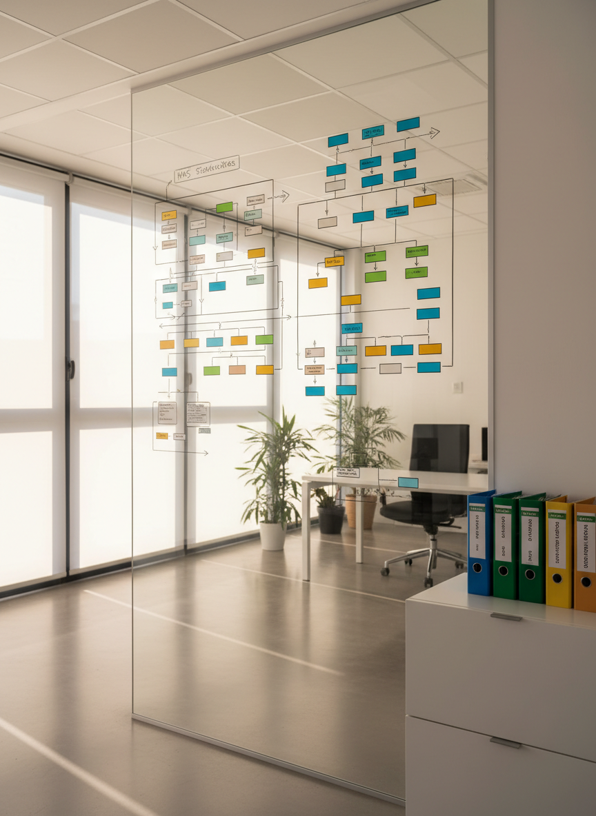 A bright consultation room in a medico-social establishment, featuring a large glass board filled with neatly drawn flowcharts, arrows, and colored sticky notes representing different quality initiatives and care pathways, all without readable text. On a nearby sideboard, labeled folders are aligned by color, symbolizing various HAS standards and internal procedures. Soft afternoon light enters through a wide window with translucent blinds, casting gentle, organized shadows. The camera is positioned at eye level, focusing on the transparent board with a shallow depth of field that blurs the background. The atmosphere is constructive, methodical, and optimistic, with photographic realism and a minimalist, professional style that reflects structured support and continuous improvement.