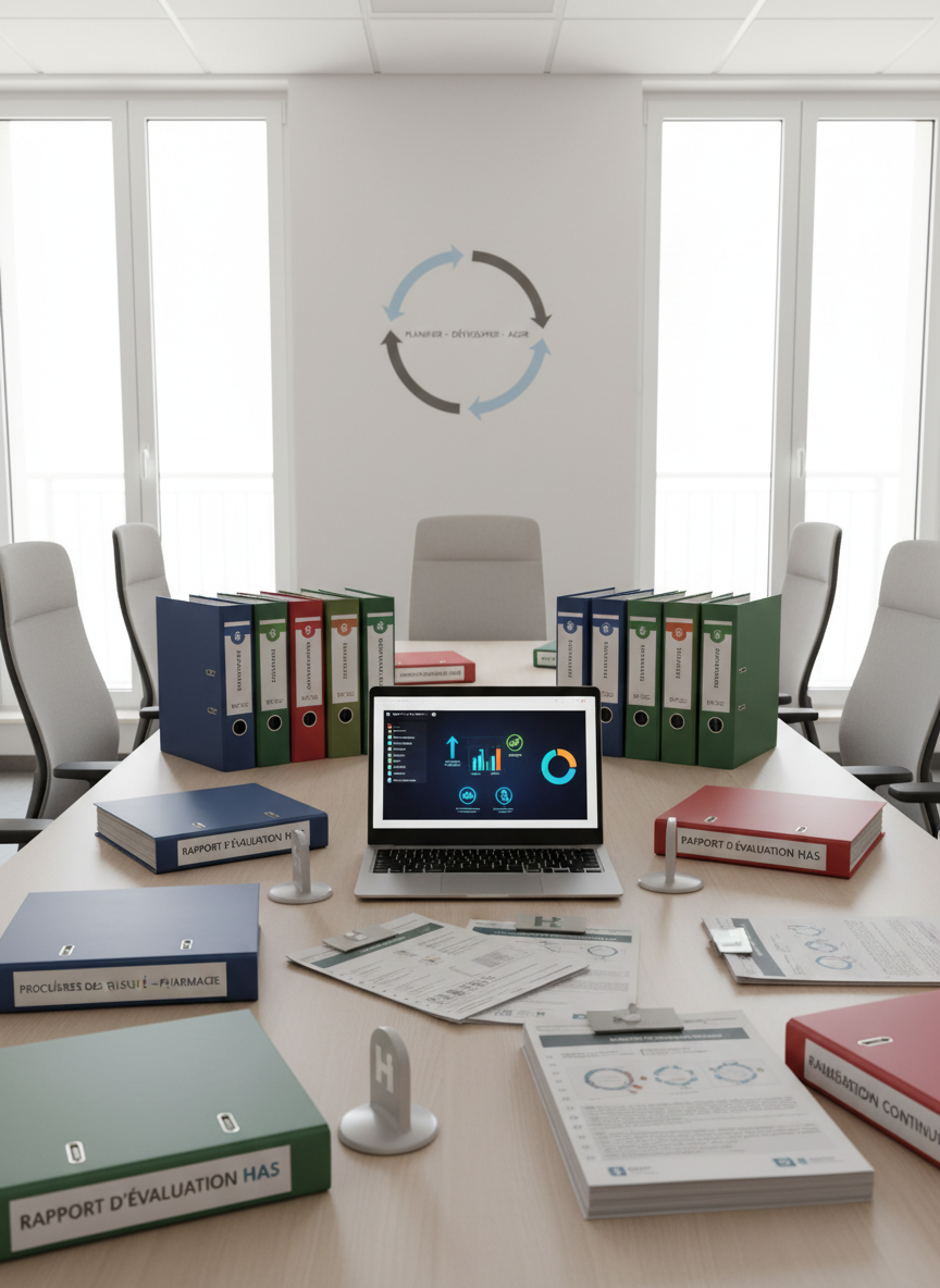 A large, meticulously organized meeting table in a modern French healthcare facility, covered with neatly arranged evaluation reports, color-coded quality procedure binders, and a sleek laptop displaying a clear dashboard with performance indicators as abstract icons. Around the table, high-backed chairs stand slightly pulled out, suggesting recent collaboration. Daylight pours through tall windows, reflecting softly off a matte white wall where a discrete diagram of a continuous improvement cycle is displayed. The mood is calm, structured, and professional. Shot from a slightly elevated eye-level angle, with sharp focus on the central documents and gentle background blur. Photographic realism, clean and modern aesthetic, evoking confidence in a well-structured quality démarche and HAS evaluation preparation.